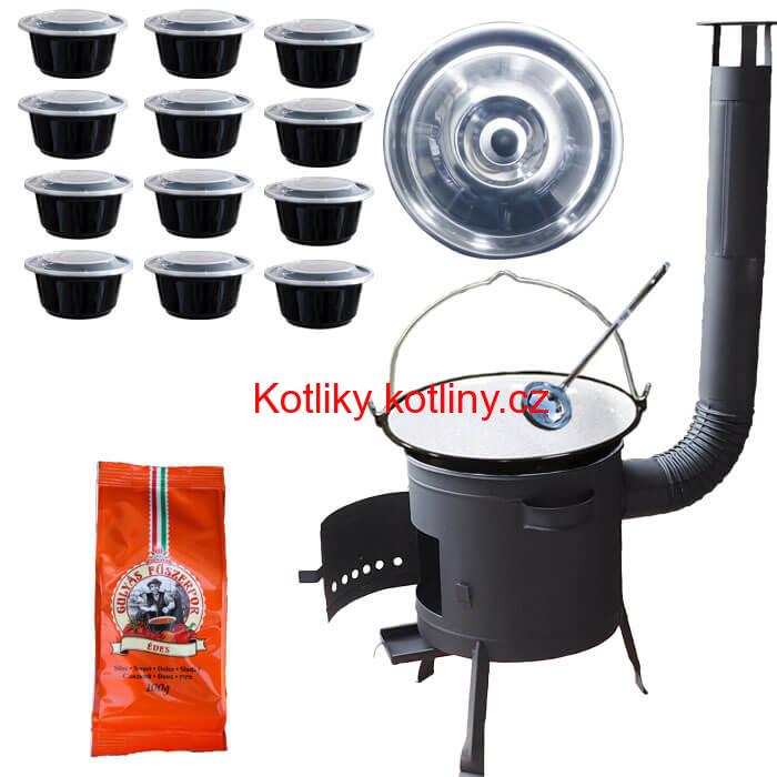 Smaltovaný kotlík 20 L (1,2 mm) + poklice + misky 12 ks + nízká žáruvzdorná kotlina (0,8 mm) 42 PLUS 600