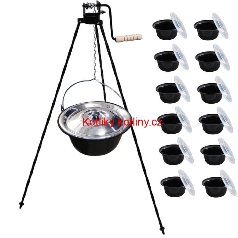Smaltovaný kotlík 25 L + stojan s kladkou VAR + misky 12 ks