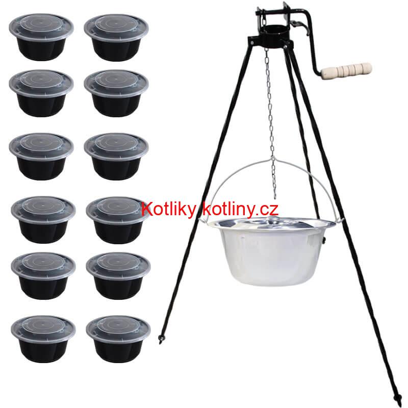 Nerezový kotlík 14 L (0,8 mm) INOX + stojan s kladkou VAR + misky 12 ks