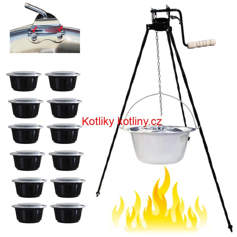 Nerezový kotlík 15 L (0,8 mm) s nýty + stojan s kladkou VAR + misky 12 ks