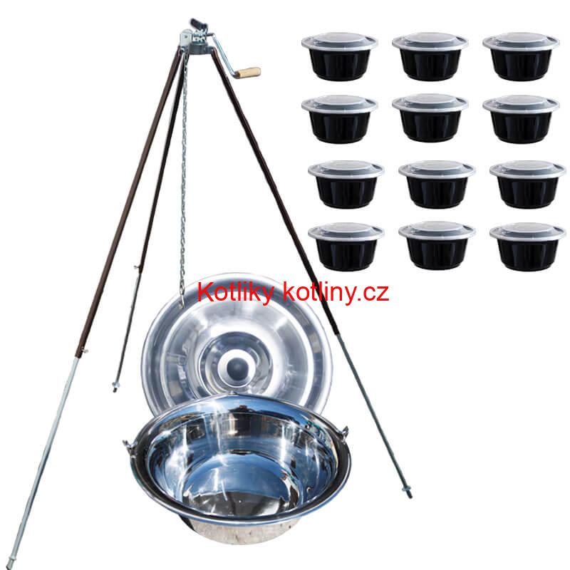 Nerezový kotlík 30 L (1,2 mm) + teleskopická trojnožka s pojistnou kladkou + misky 12 ks