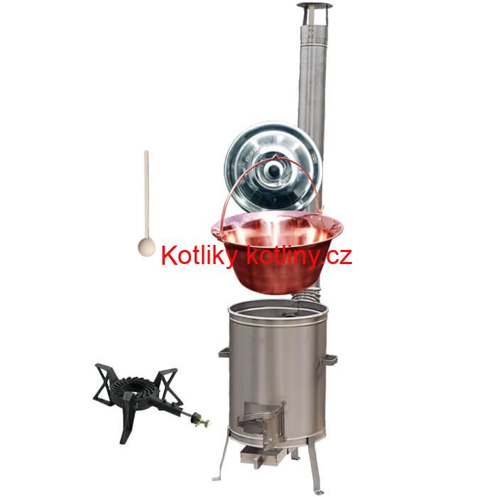 Měděný kotlík 30 L (1,2 mm) + nerezová kotlina 42 cm + litinový hořák 7 kW, vařečka LUX
