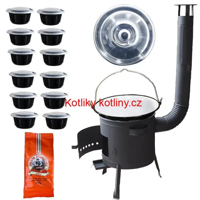 Smaltovaný kotlík 25 L (1,2 mm) + silnostěnná (1,5 mm) žáruvzdorná kotlina BALKY STRONG 42 PLUS 600 + misky 12 ks + paprikové koření na guláš 100 g