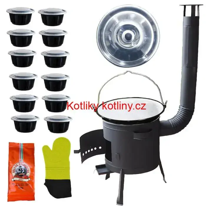 Smaltovaný kotlík 22 L (1,2 mm) + misky 12 ks + nízká žáruvzdorná kotlina (1,0 mm) 42 PLUS 600