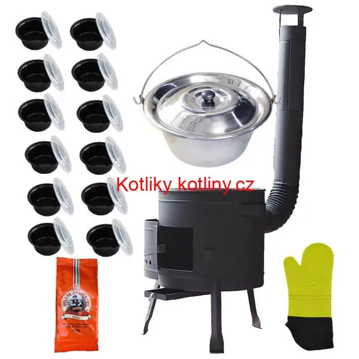 Nerezový kotlík 22 L (0,8 mm) + misky 12 ks + nízká žáruvzdorná kotlina (1,0 mm) 42 PLUS 600