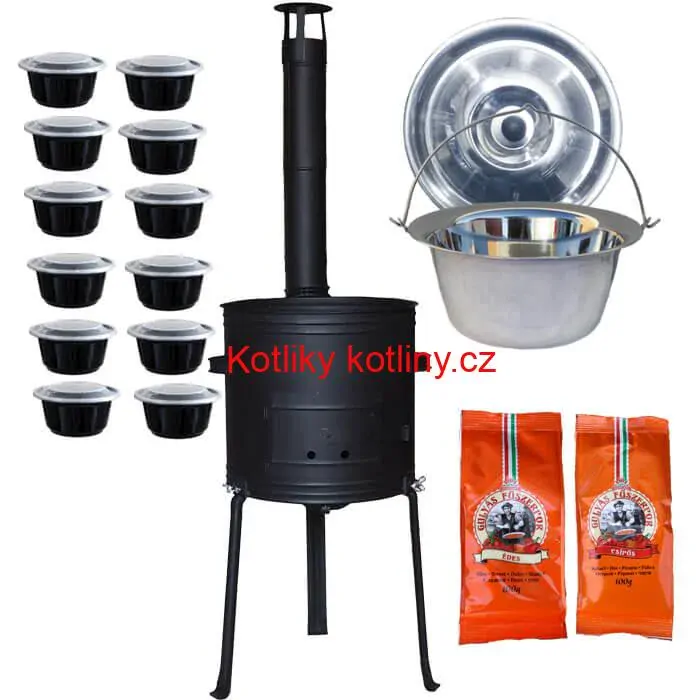 Nerezový kotlík 22 L (0,8 mm) INOX + žáruvzdorná kotlina 42 cm Plus 700 + misky 12 ks + 2 x pepř na guláš 100 g