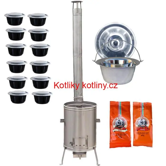 Nerezový kotlík 22 L (0,8 mm) INOX + nerezová kotlina 42 cm LUX + misky 12 ks + 2 x pepř na guláš 100 g