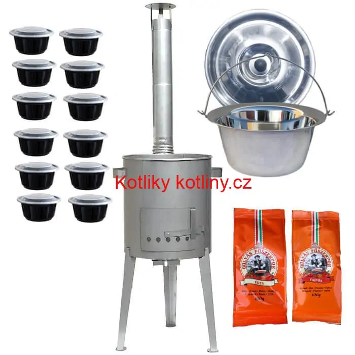 Nerezový kotlík 22 L (0,8 mm) INOX + nerezová kotlina 42 cm LUXUS + misky 12 ks + 2 x pepř na guláš 100 g