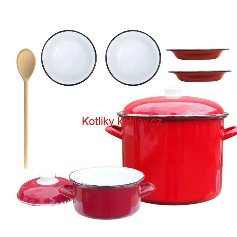 Smaltovaný hrnec s poklicí 5,2 l + smaltovaný kastrol s poklicí 3 L + talíře Classic