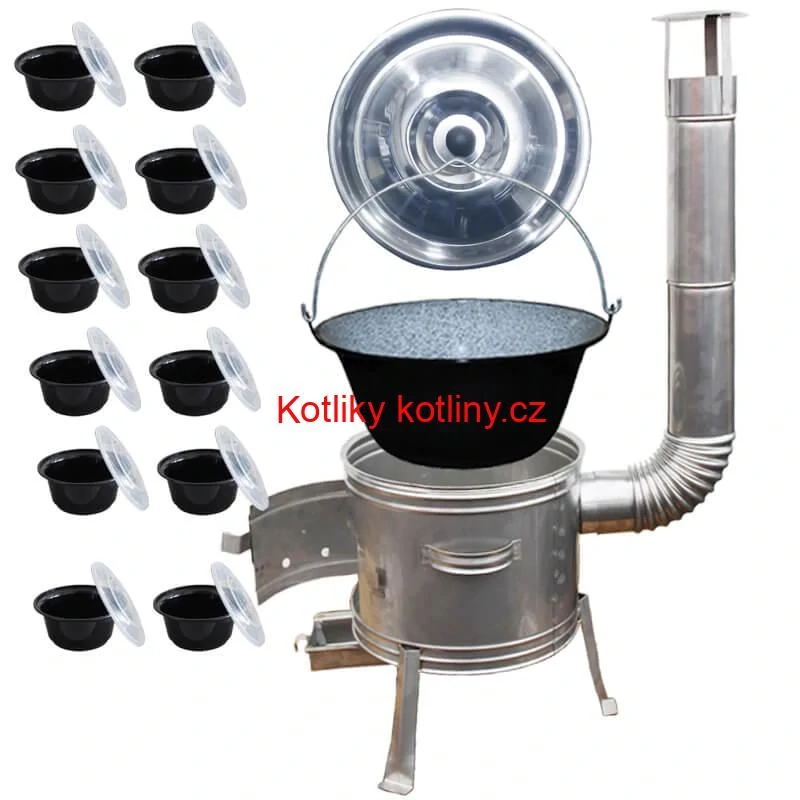 Smaltovaný kotlík 22 L + Nerezová kotlina 42 INOX + misky 12 ks