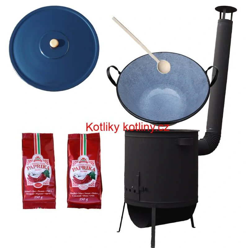 Smaltovaný kotel 60 L na zabijačku + žáruvzdorná kotlina 53 PLUS 600 4 MM + sladká a pálivá paprika (2 x 250 g) + vařečka