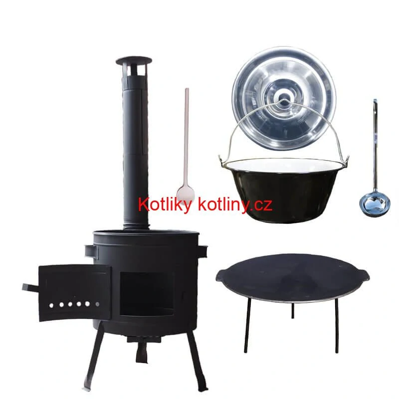Smaltovaný kotlík 30 L + litinová pánev 45 cm + nízká žáruvzdorná kotlina 42 cm PLUS 600