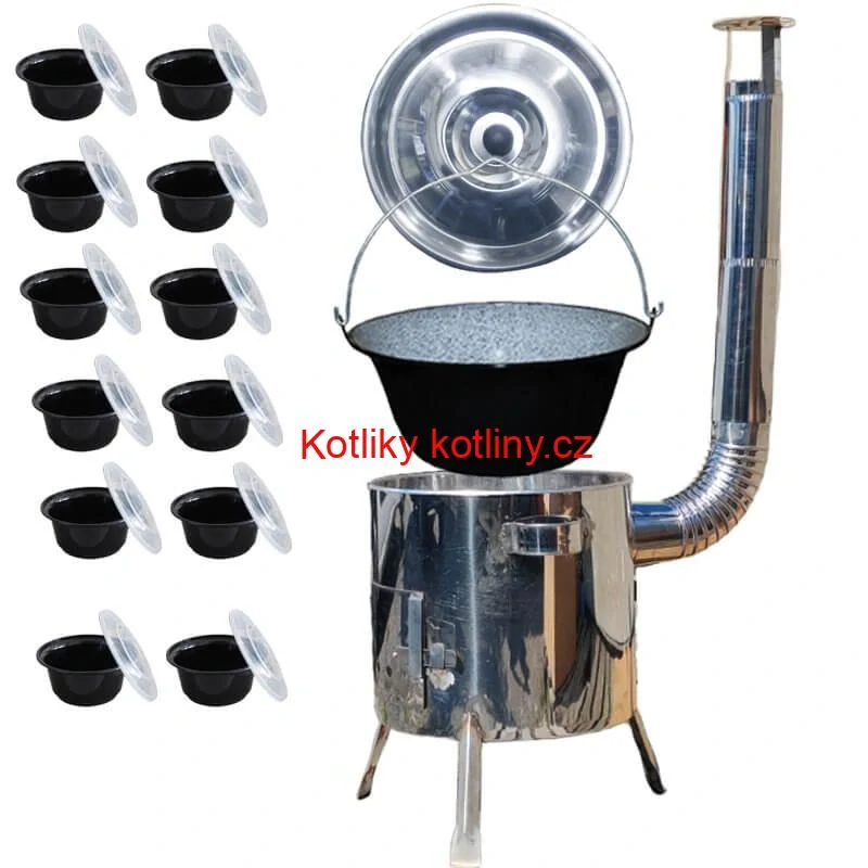 Smaltovaný kotlík 13 L + nerezová kotlina 36 INOX LUSTRO + misky 12 ks