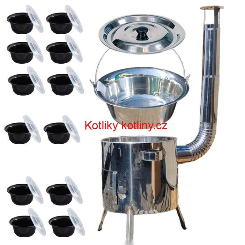 Nerezový kotlík 15 L (1,2 mm) INOX + Nerezová kotlina 36 INOX LUSTRO + misky 12 ks