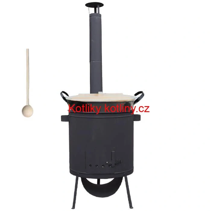Zabijačkový smaltovaný kotel 100 L, žáruvzdorná kotlina 42 PLUS 600 4 MM, dřevěná poklice + vařečka