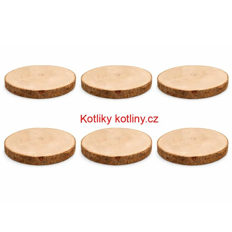 Sada 6 dřevěných podnosů z přírodního plátku dřeva s kůrou Ø 20–24 cm