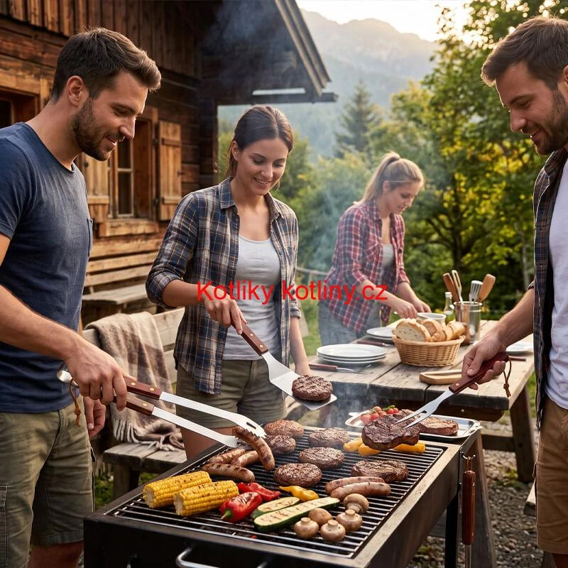 Grilovací nářadí BBQ – sada 3 ks, nerez a dřevo, 33 cm