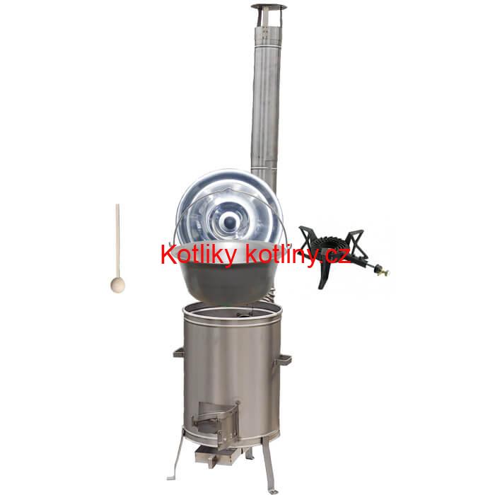 Nerezový kotlík 15 L (1,5 mm) + nerezová kotlina 36 cm + litinový hořák 7 kW, vařečka LUX