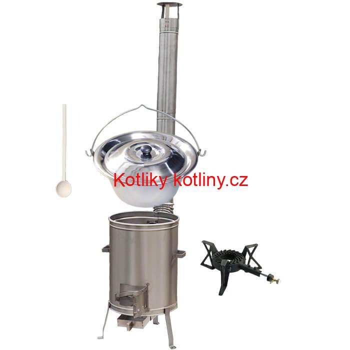 Nerezový kotlík 14 L (0,8 mm) + nerezová kotlina 36 cm + litinový hořák 7 kW, vařečka LUX