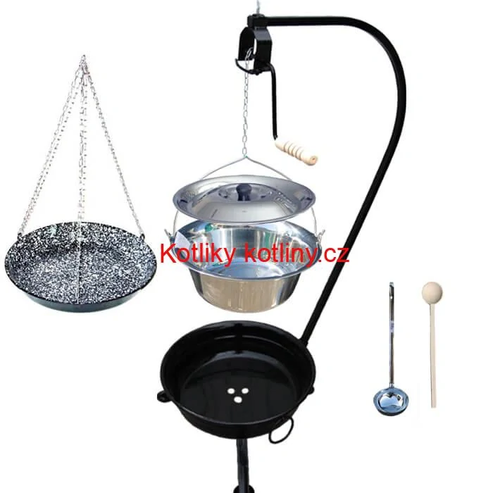 Nerezový kotlík 10 L (0,8 mm) INOX + smaltovaná pánev + ohniště se stojanem as pojistnou kladkou VAR
