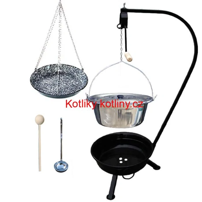 Nerezový kotlík 10 L (1,2 mm) INOX + smaltovaná pánev + ohniště se stojanem as pojistnou kladkou VAR